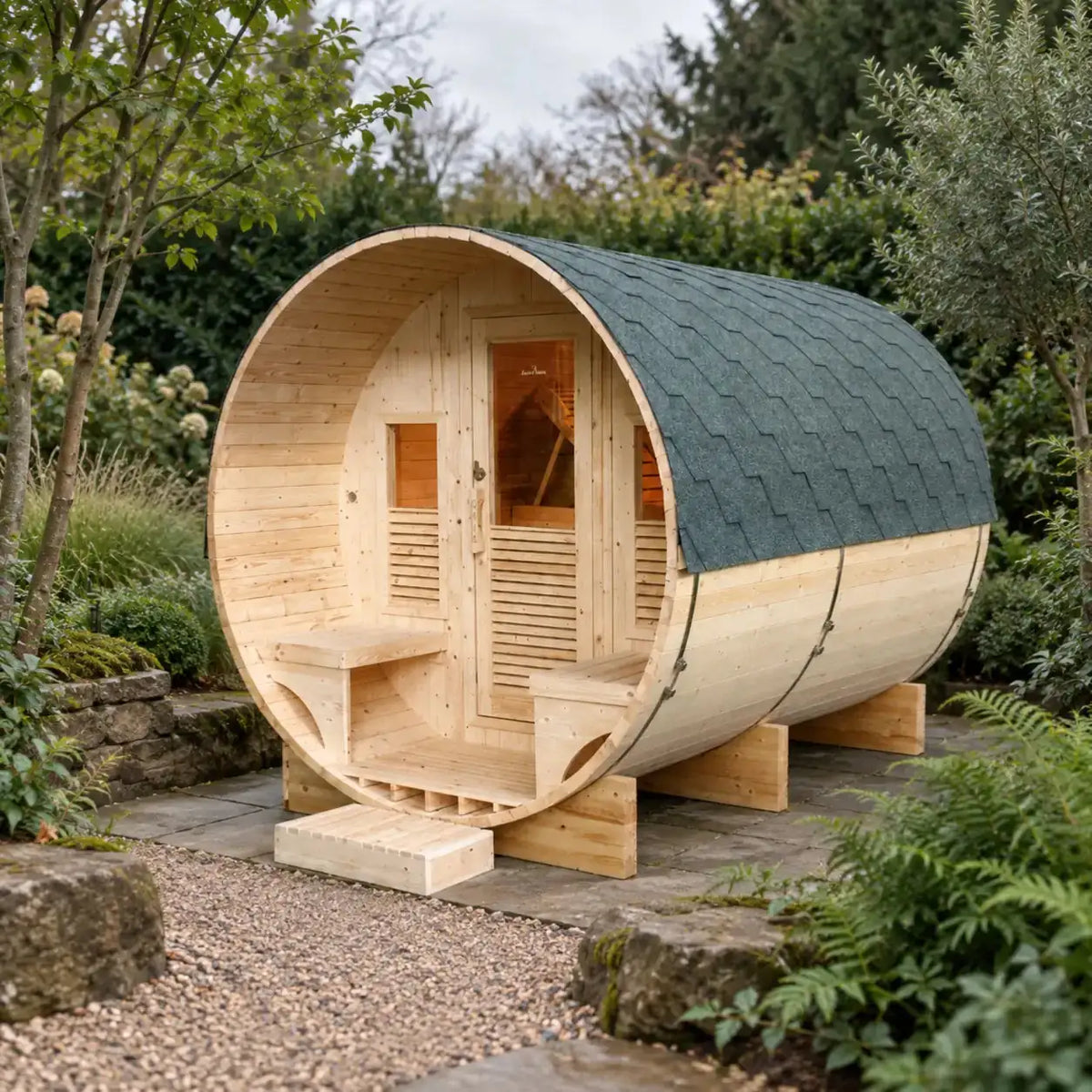 France Sauna Gaïa Luna outdoor sauna in a garden with its covered deck