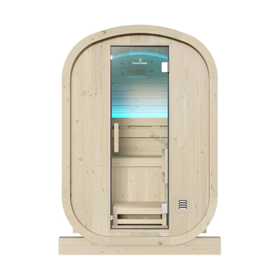 France Sauna Gaïa Urban outdoor sauna, straight on front view with glass door