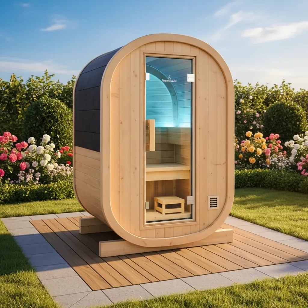 France Sauna Gaïa Urban outdoor sauna on a deck in a garden with flowers behind