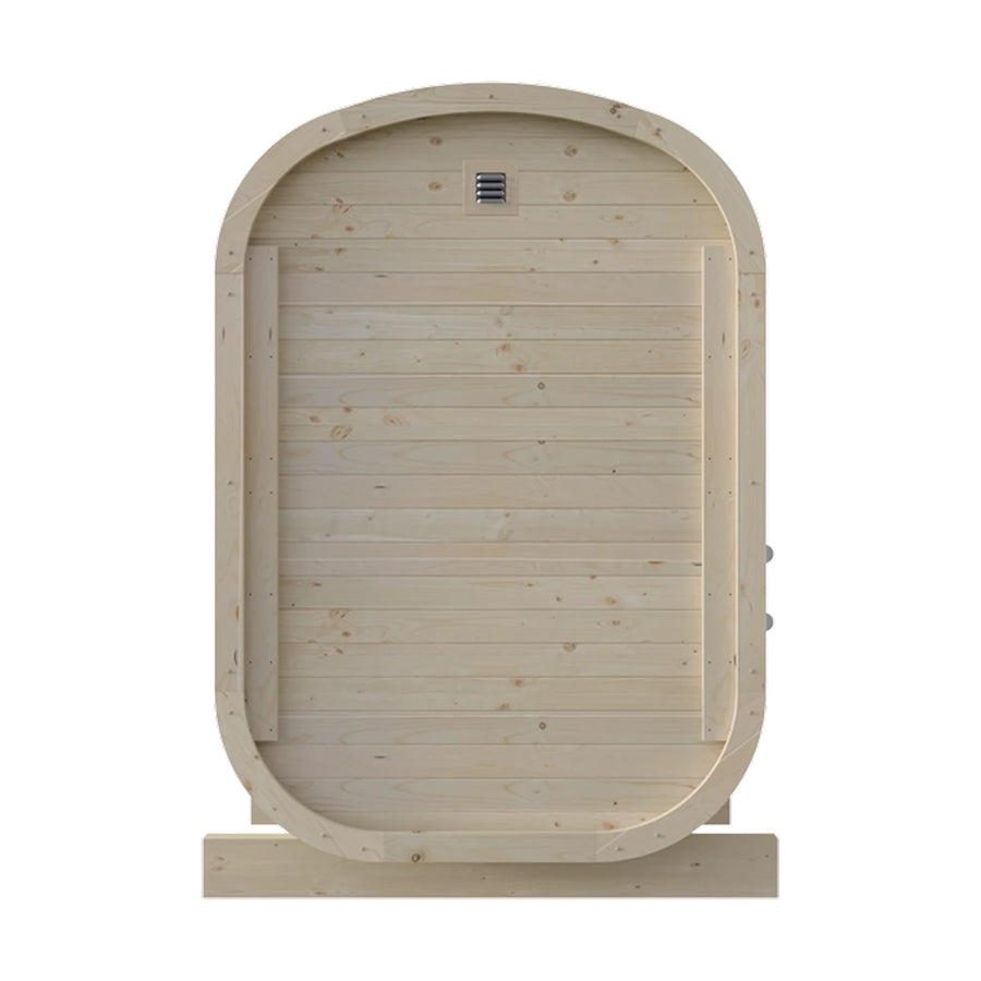 France Sauna Gaïa Urban outdoor sauna, rear view of the rounded spruce shell