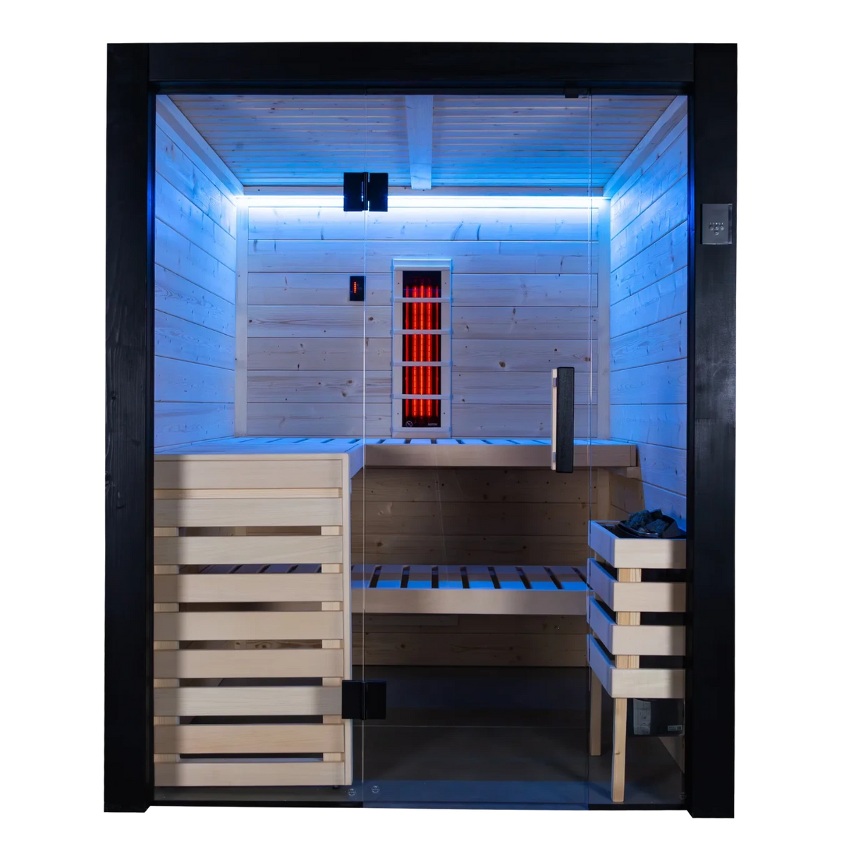 Harvia Family Hybrid Small indoor sauna, front view with blue chromotherapy lighting on