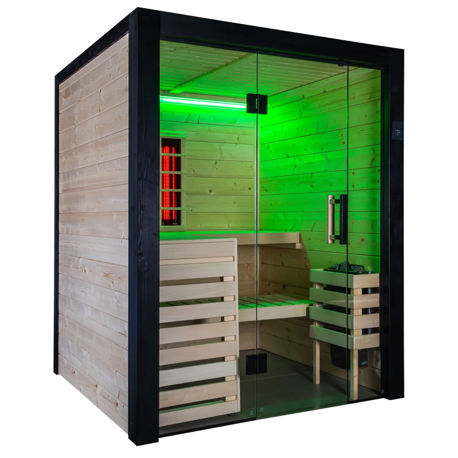 Harvia Family Hybrid Small indoor sauna, front view with green chromotherapy lighting on