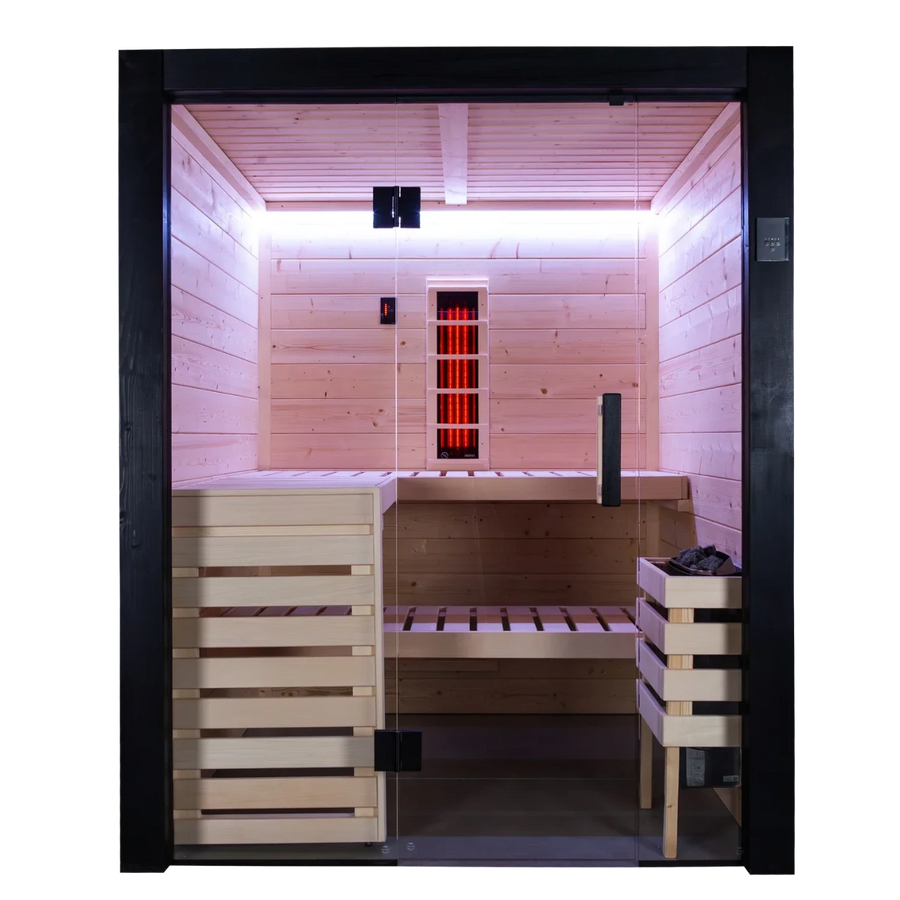 Harvia Family Hybrid Small indoor sauna, front view with purple chromotherapy lighting on