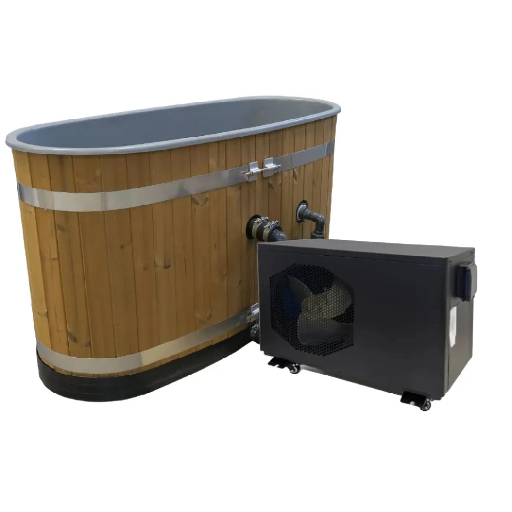 Harvia Frosty cold plunge tub with the external chiller unit beside it