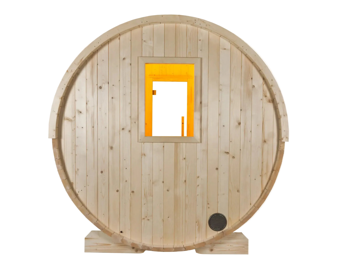 Rear wall of the Kuusi Panorama barrel sauna, showing the half height window lit from inside