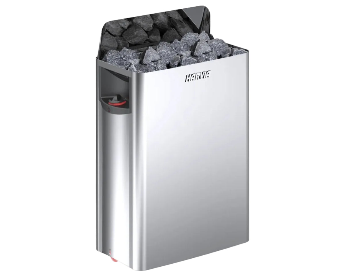 The Harvia Wall SW80, the 8kW wall mounted heater included in the price, shown with its stones loaded