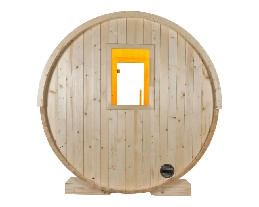 Harvia Kuusi 180 Panorama barrel sauna, front elevation with window