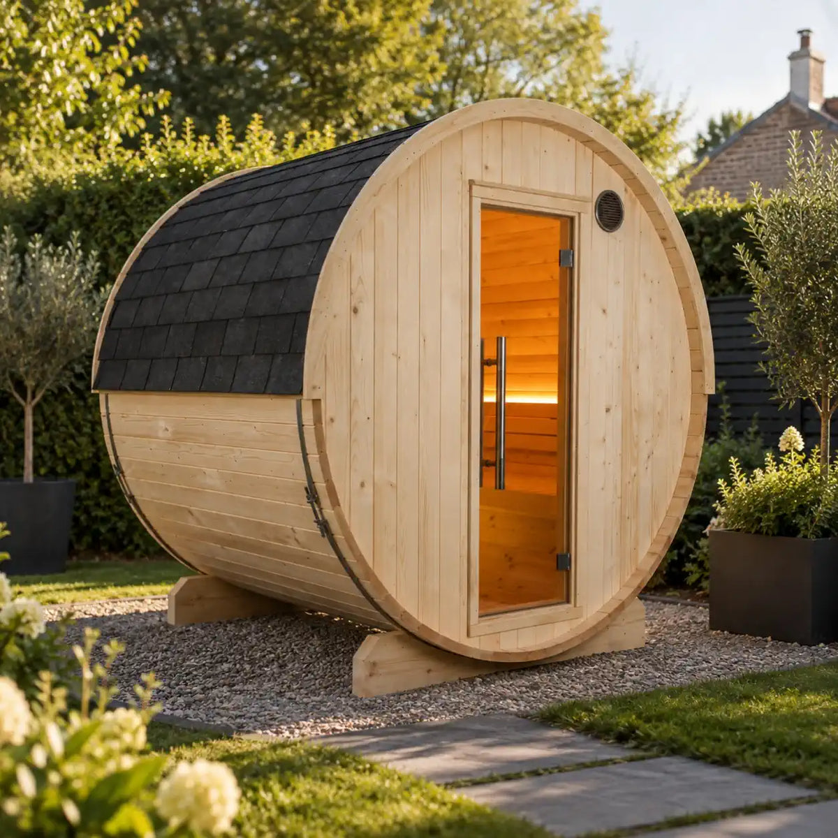 Harvia Kuusi 180 Panorama barrel sauna in a garden, glass door end on