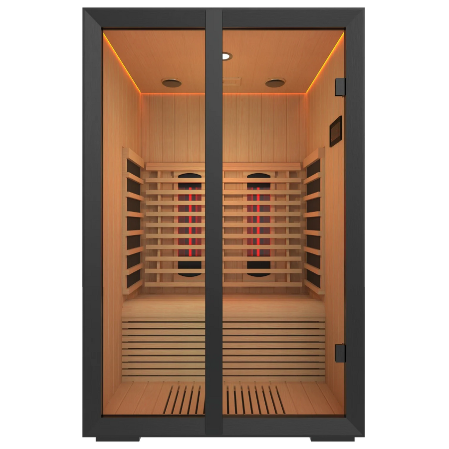 Harvia Onni infrared sauna, front view with glass doors closed and emitters lit