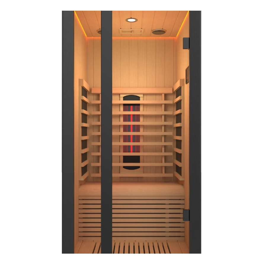Harvia Onni infrared sauna, front view, narrow cabin with glass doors