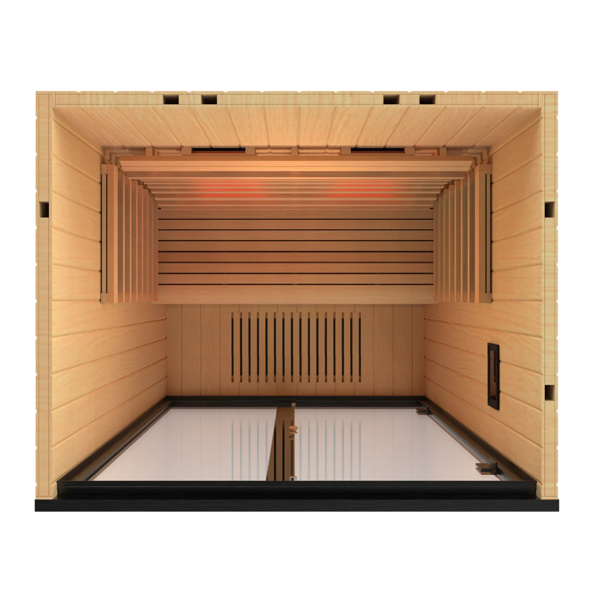 Harvia Onni infrared sauna interior showing the bench and infrared emitters