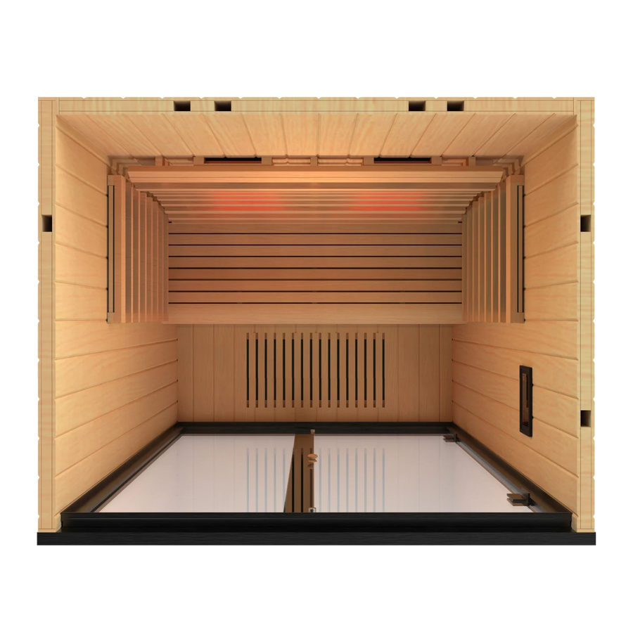 Harvia Onni infrared sauna interior showing the bench and infrared emitters
