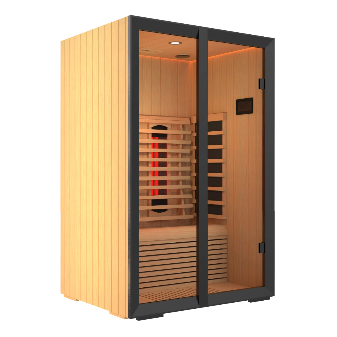 Harvia Onni infrared sauna, three quarter view showing the black glass frame