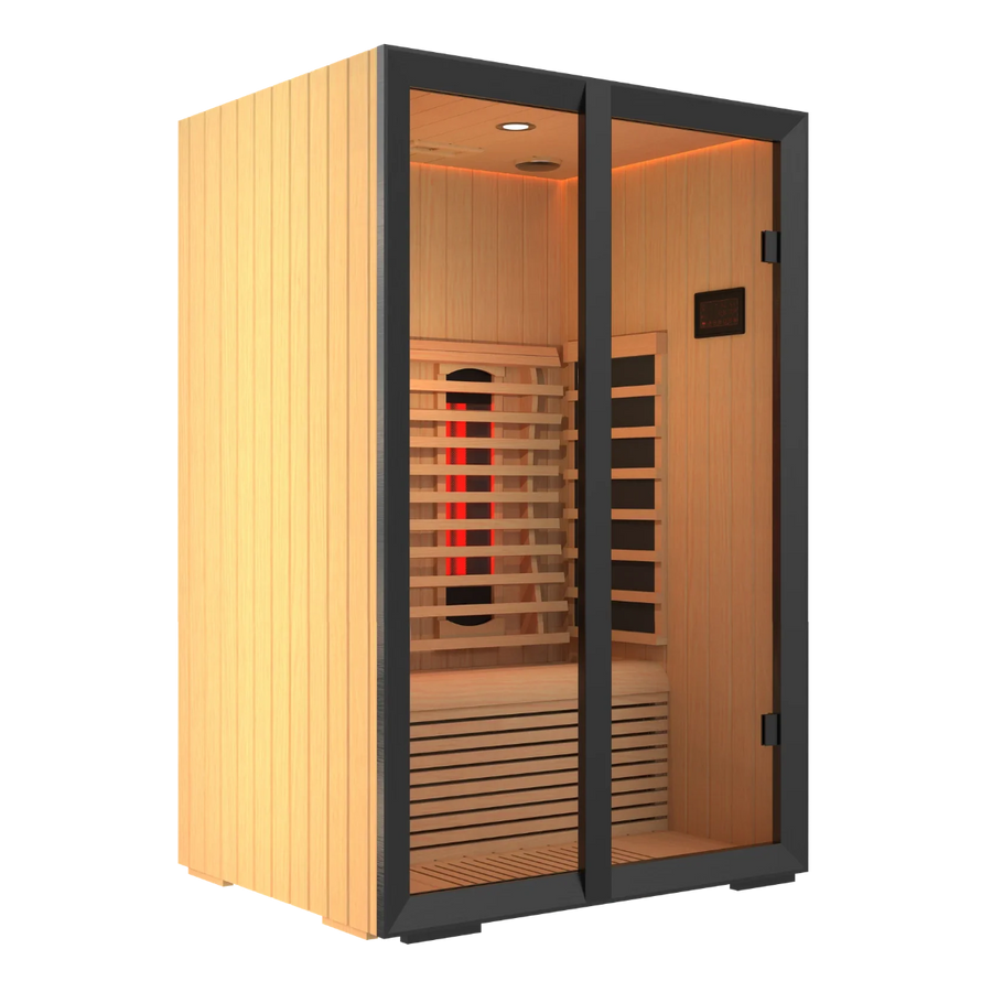 Harvia Onni infrared sauna, three quarter view showing the black glass frame
