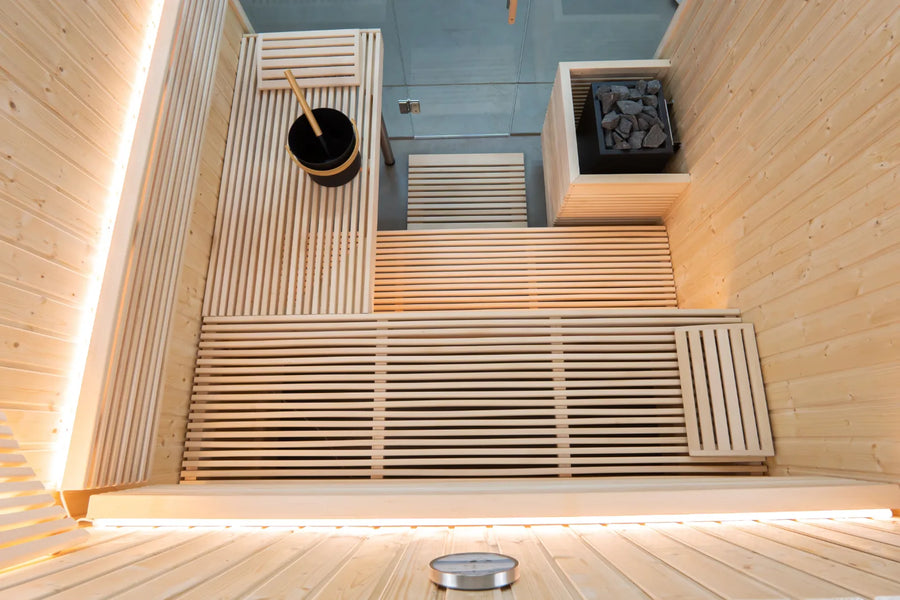 Harvia Panorama Large indoor sauna, 2.14m by 2.15m, interior from above showing the L shaped benches