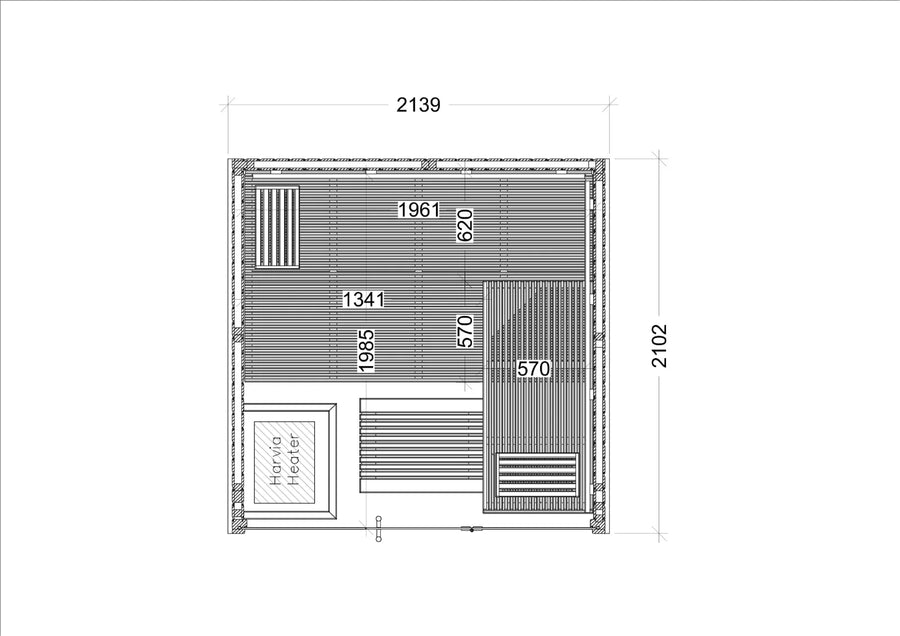 Harvia Panorama Large indoor sauna floor plan, 2139mm by 2102mm