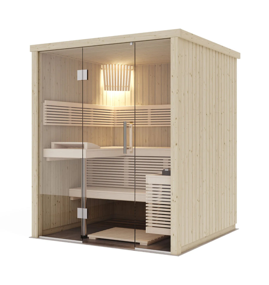 Harvia Panorama Mini indoor sauna, 1.73m by 1.59m, glass front with benches and heater