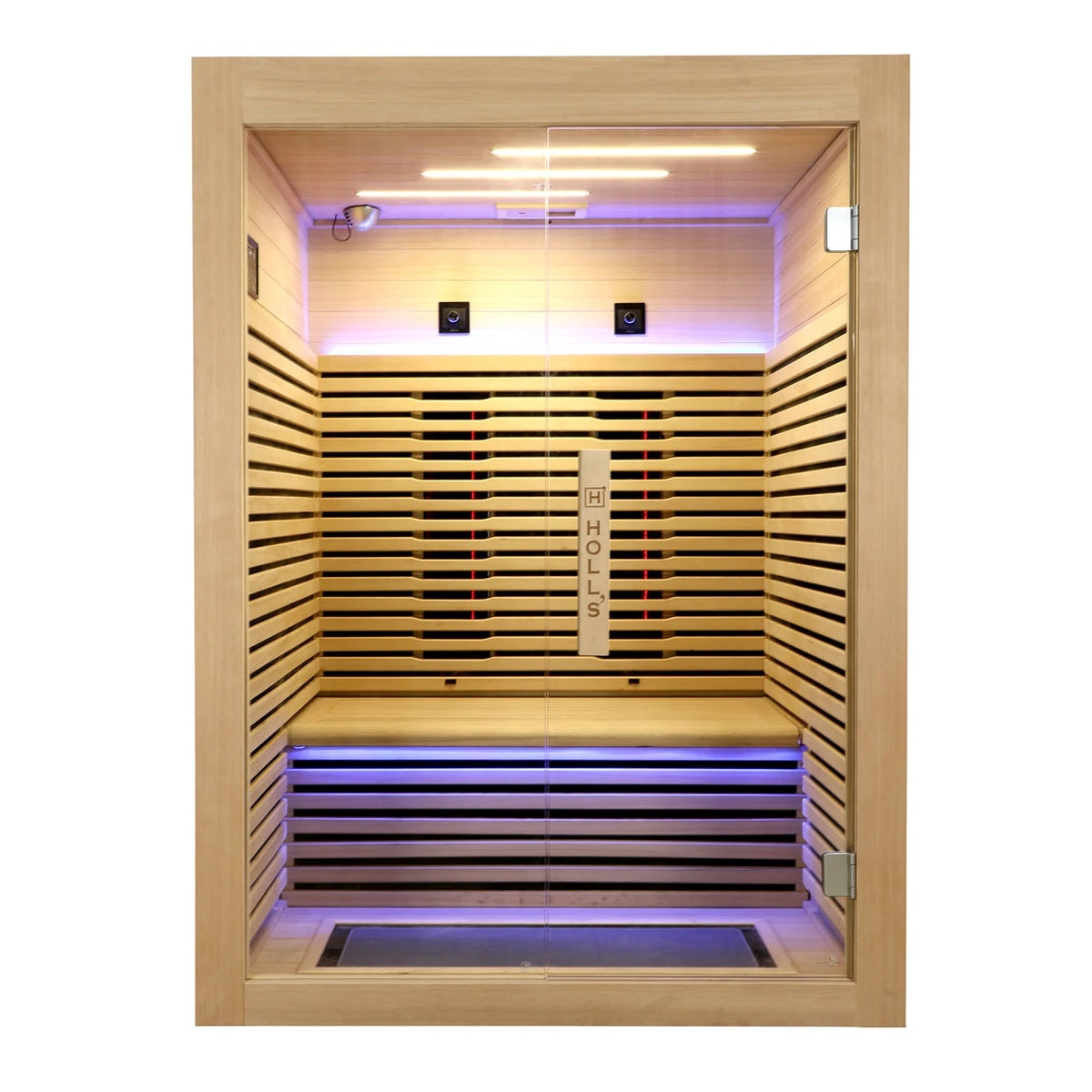 Holl's Canopée 2 infrared sauna, front view with blue chromotherapy lighting