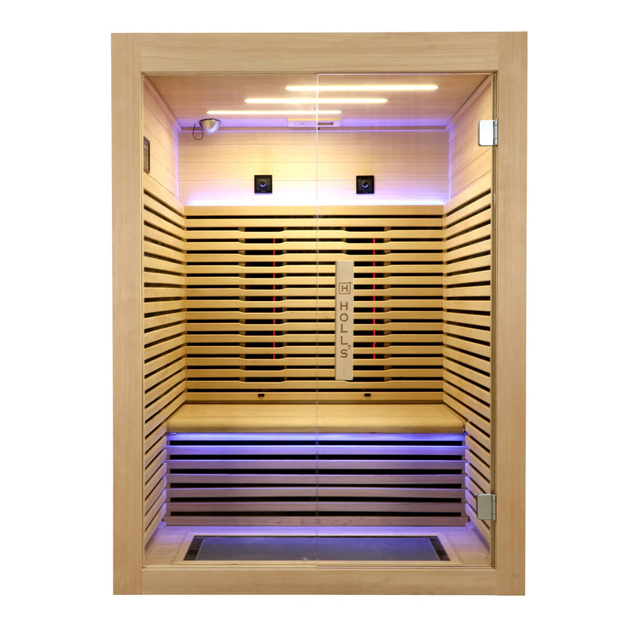 Holl's Canopée 2 infrared sauna, front view with blue chromotherapy lighting