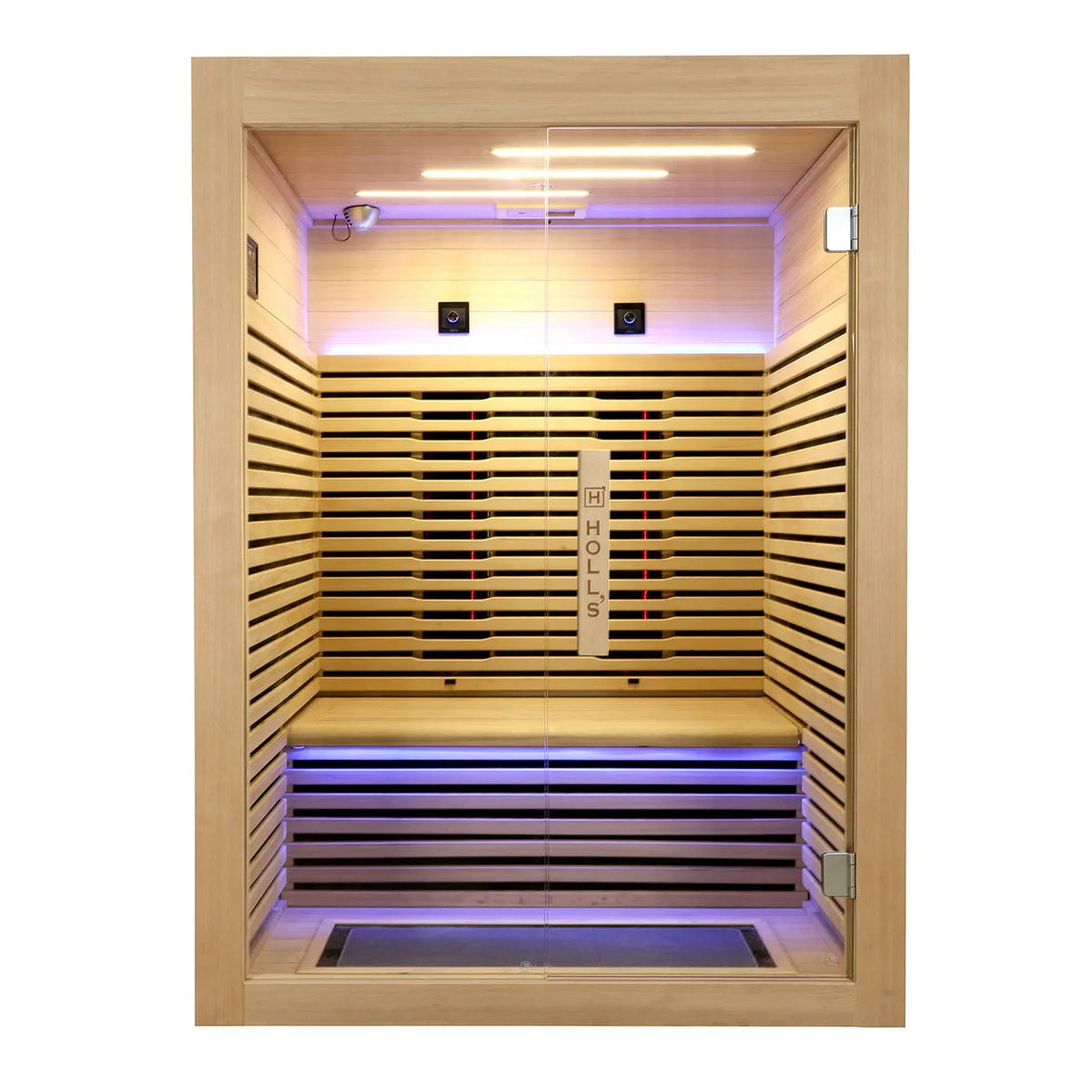 Holl's Canopée 2 infrared sauna, front view with purple chromotherapy lighting