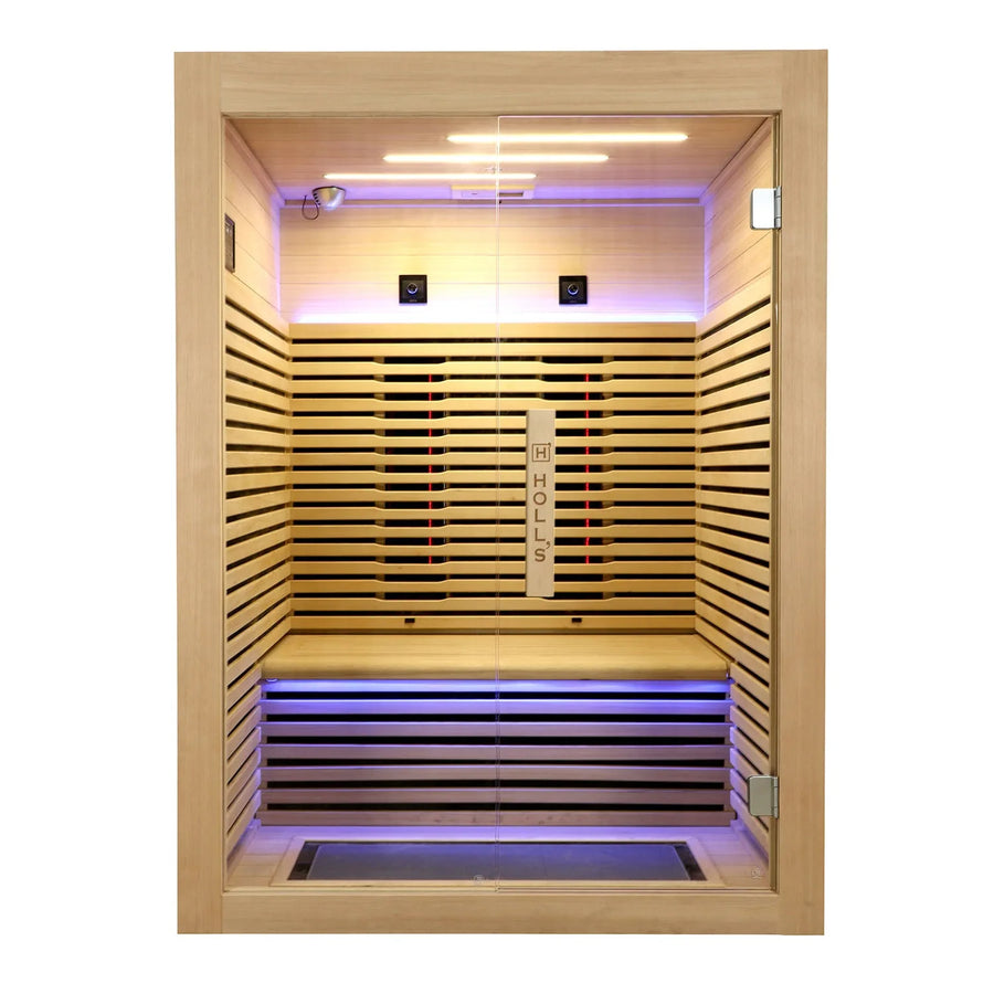Holl's Canopée 2 infrared sauna, front view with purple chromotherapy lighting
