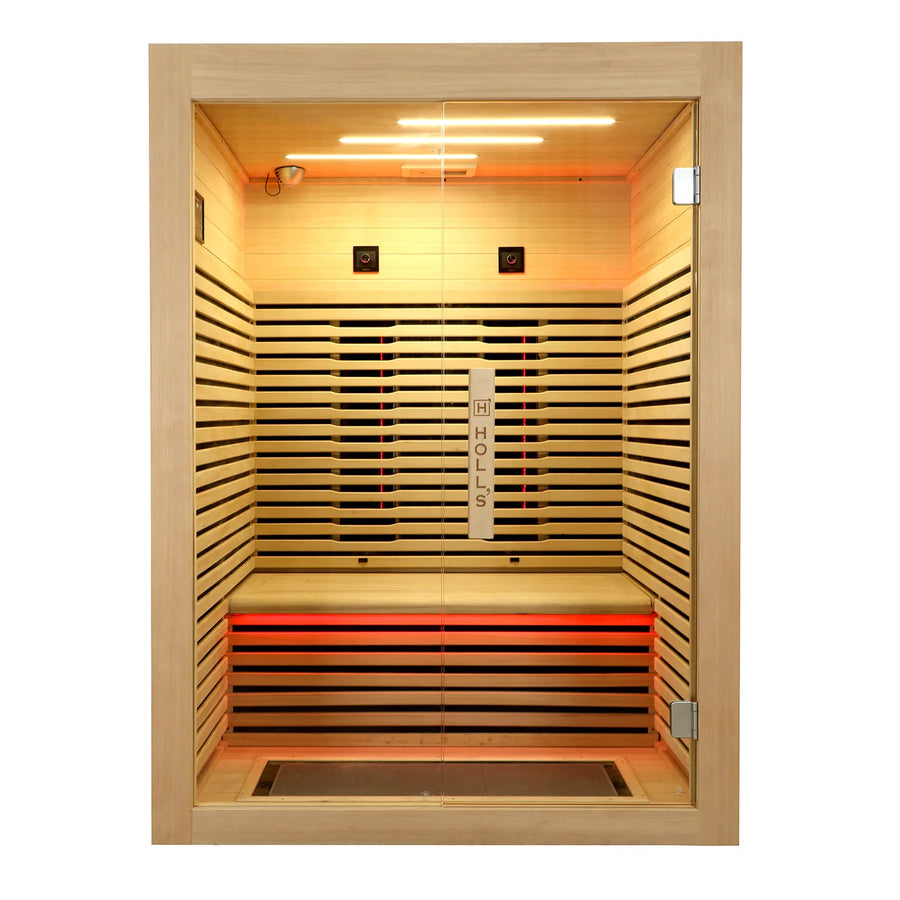 Holl's Canopée 2 infrared sauna, front view with red chromotherapy lighting