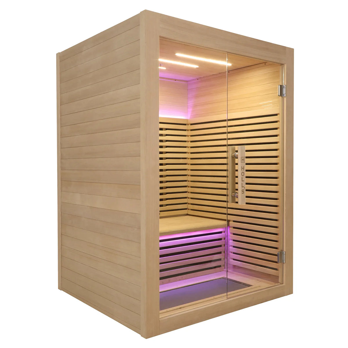 Holl's Canopée 2 infrared sauna, three quarter view showing the hemlock side panel