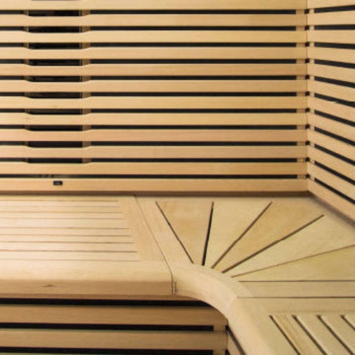 Holl's Canopée 3C corner infrared sauna bench and floor grille detail