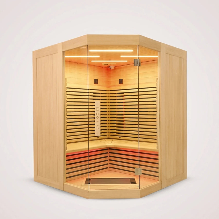 Holl's Canopée 3C corner infrared sauna, front view from the right