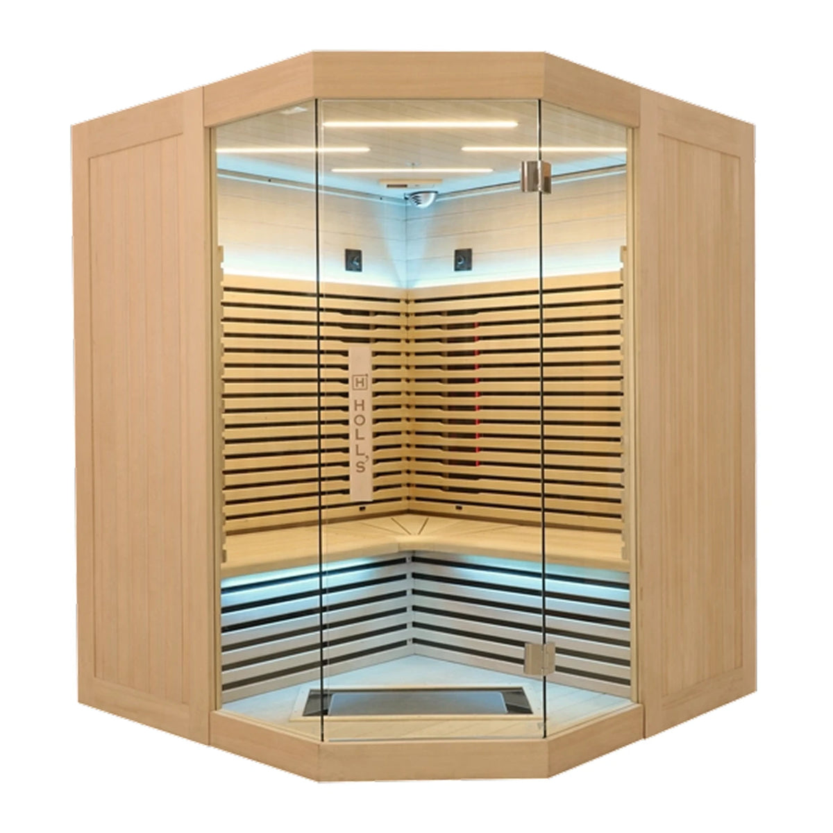 Holl's Canopée 3C corner infrared sauna, front view with blue chromotherapy lighting