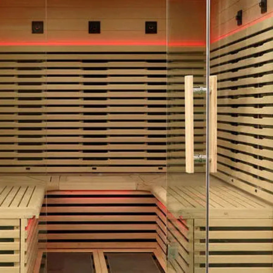 Holl's Canopée 3C corner infrared sauna interior with emitters lit