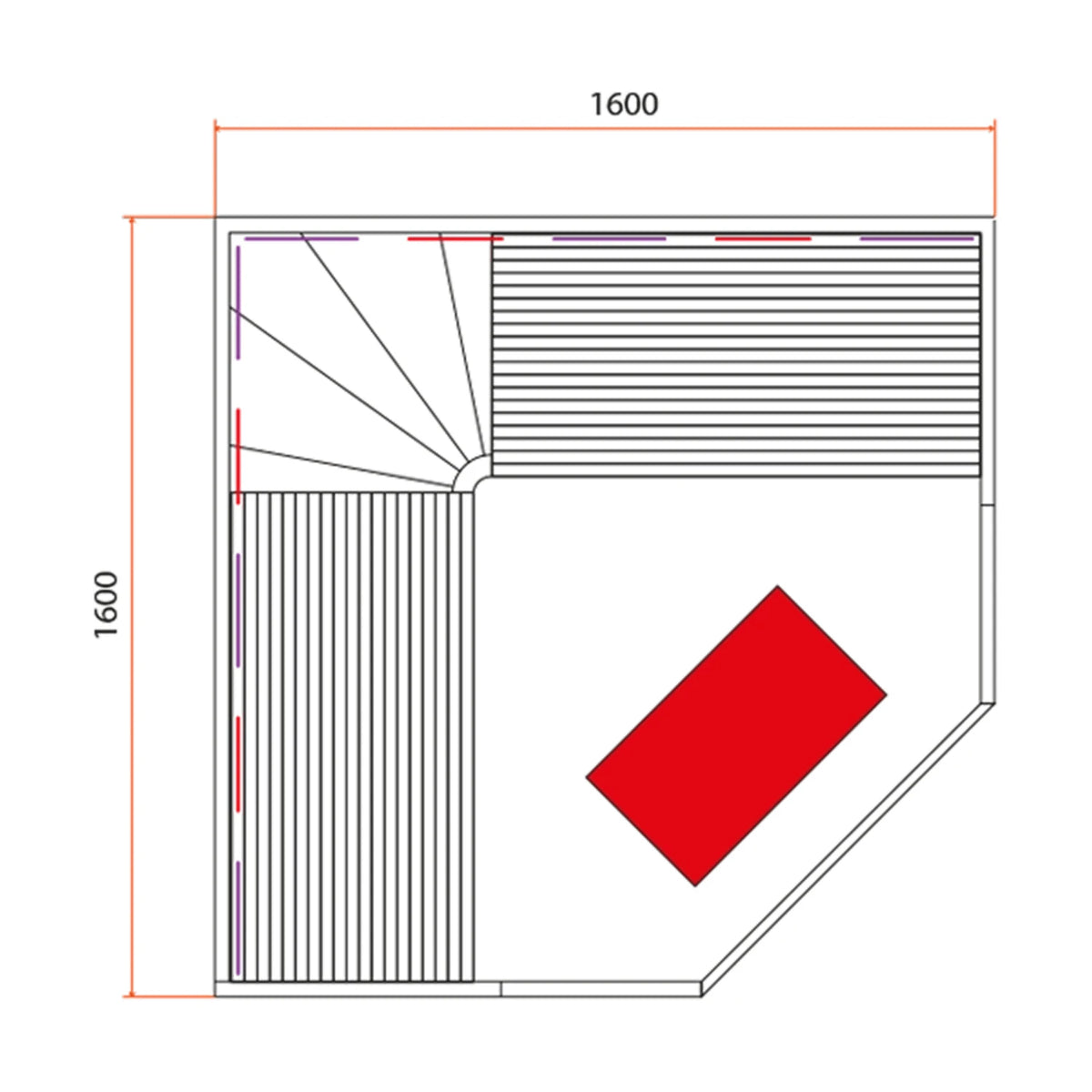 Holl's Canopée 3C corner infrared sauna floor plan drawing with dimensions