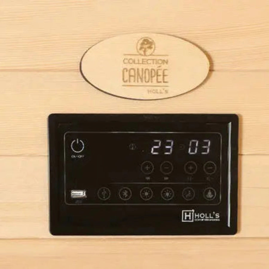 Holl's Canopée 6 infrared sauna control panel showing time and temperature