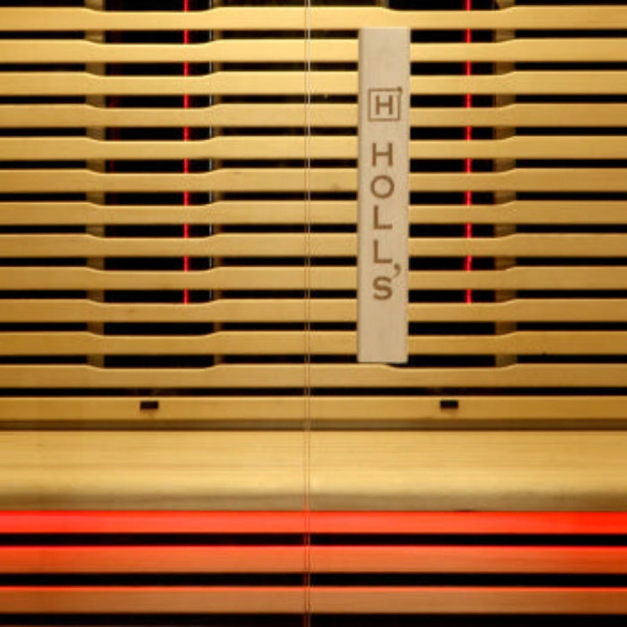 Holl's Canopée 6 infrared sauna full length emitter panel lit