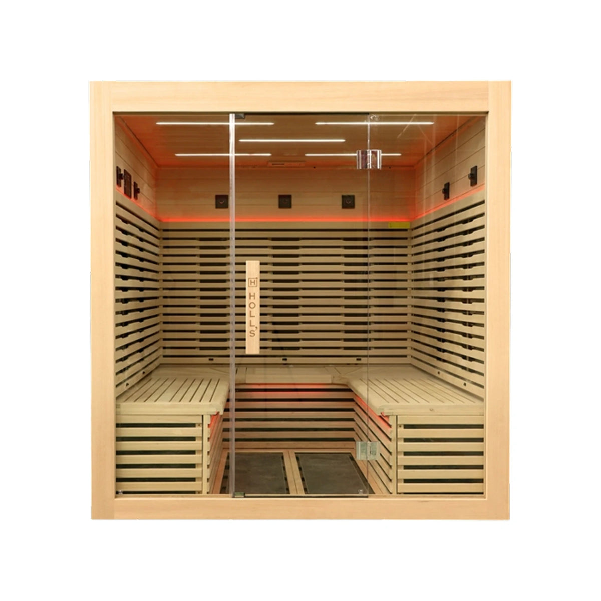 Holl's Canopée 6 infrared sauna, straight on front view with emitters lit