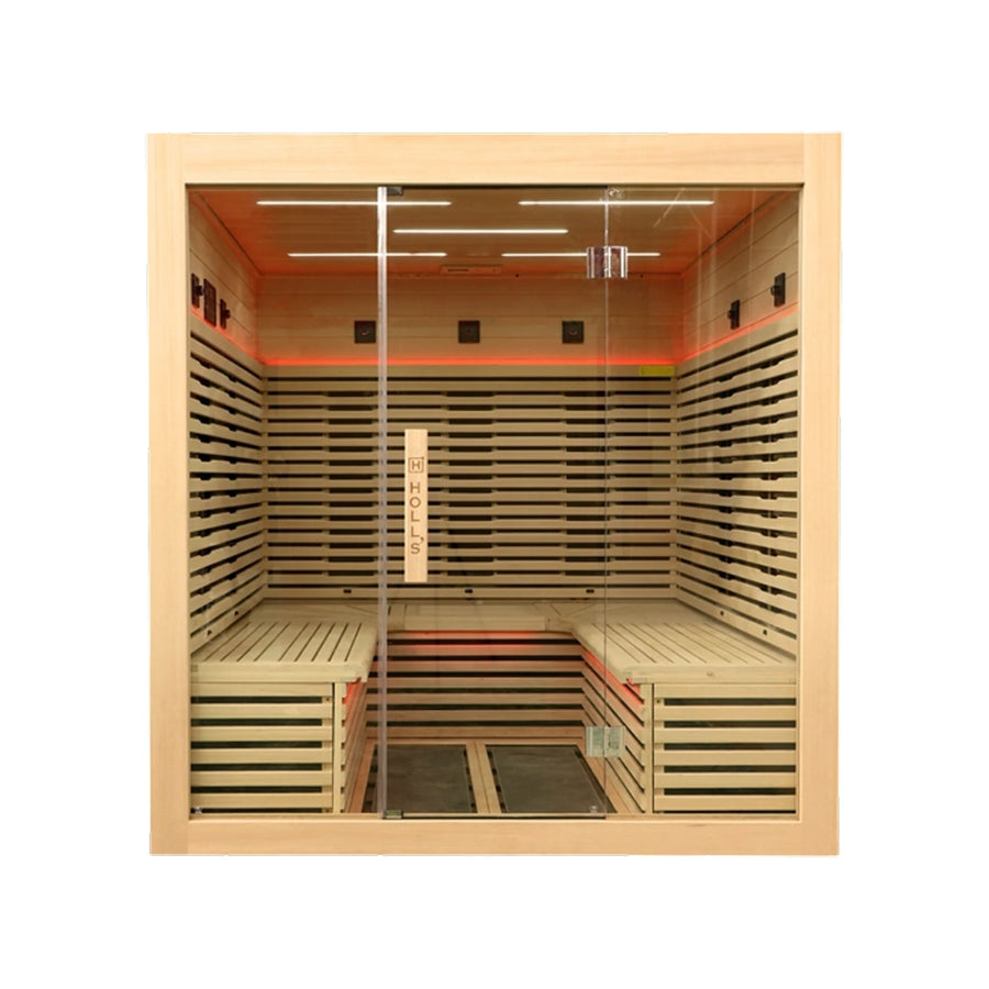 Holl's Canopée 6 infrared sauna, straight on front view with emitters lit