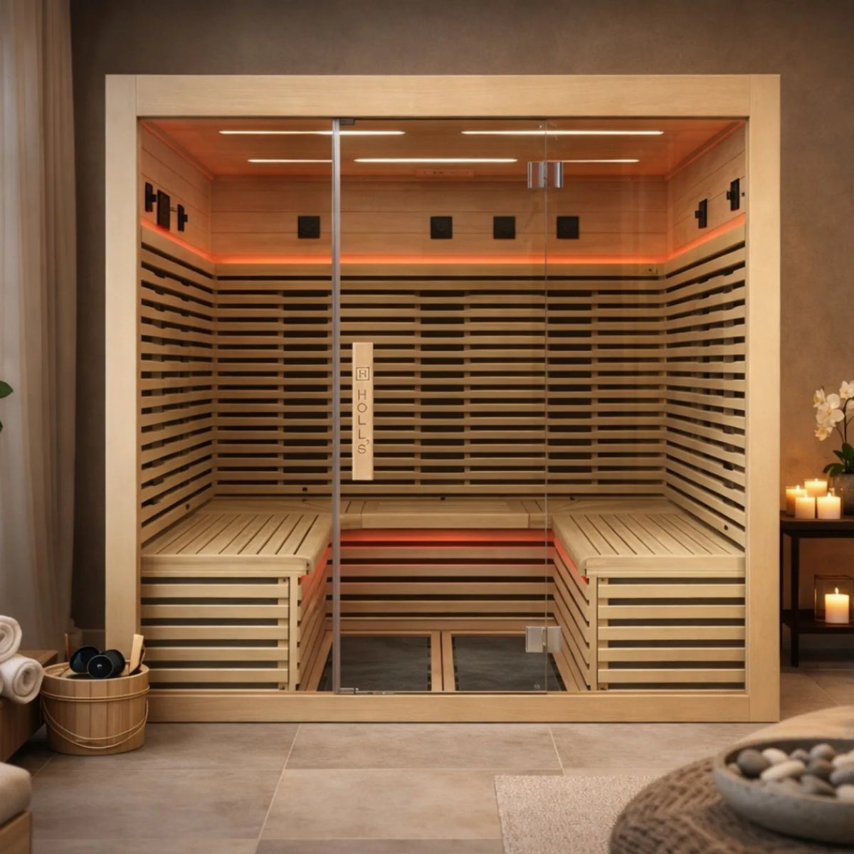 Holl's Canopée 6 infrared sauna in a room with warm interior lighting