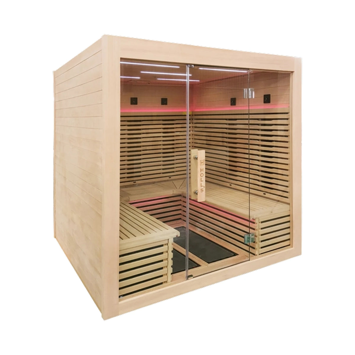 Holl's Canopée 6 infrared sauna, three quarter view showing the glass front and hemlock panels