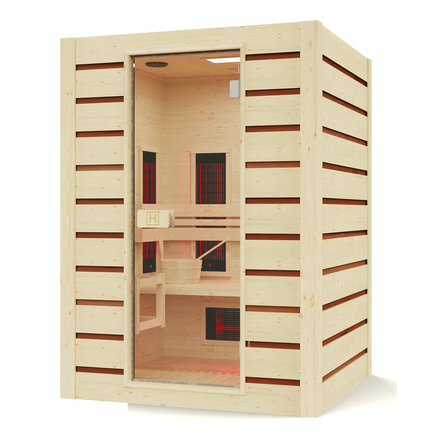 Holl's Combi 2 hybrid sauna, three quarter view with infrared emitters and glass door