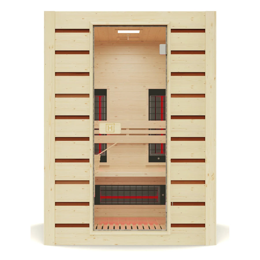 Holl's Combi 2 hybrid sauna, front view through the glass door