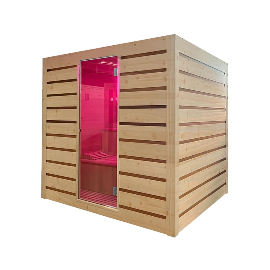 Holl's Eccolo 6 indoor sauna, three quarter view with pink LED lighting through the glass door