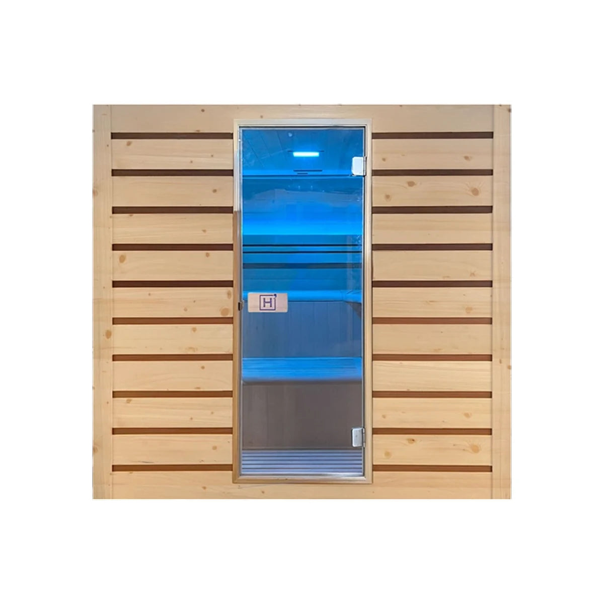 Holl's Eccolo 6 indoor sauna, front view with blue LED lighting through the glass door