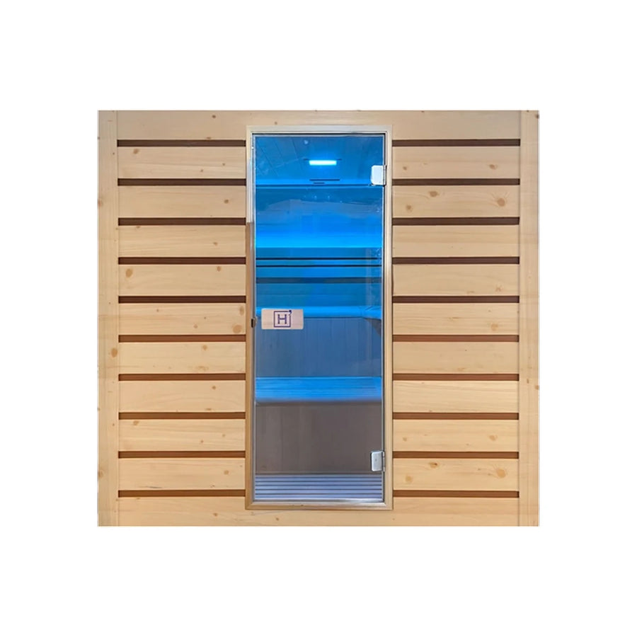 Holl's Eccolo 6 indoor sauna, front view with blue LED lighting through the glass door
