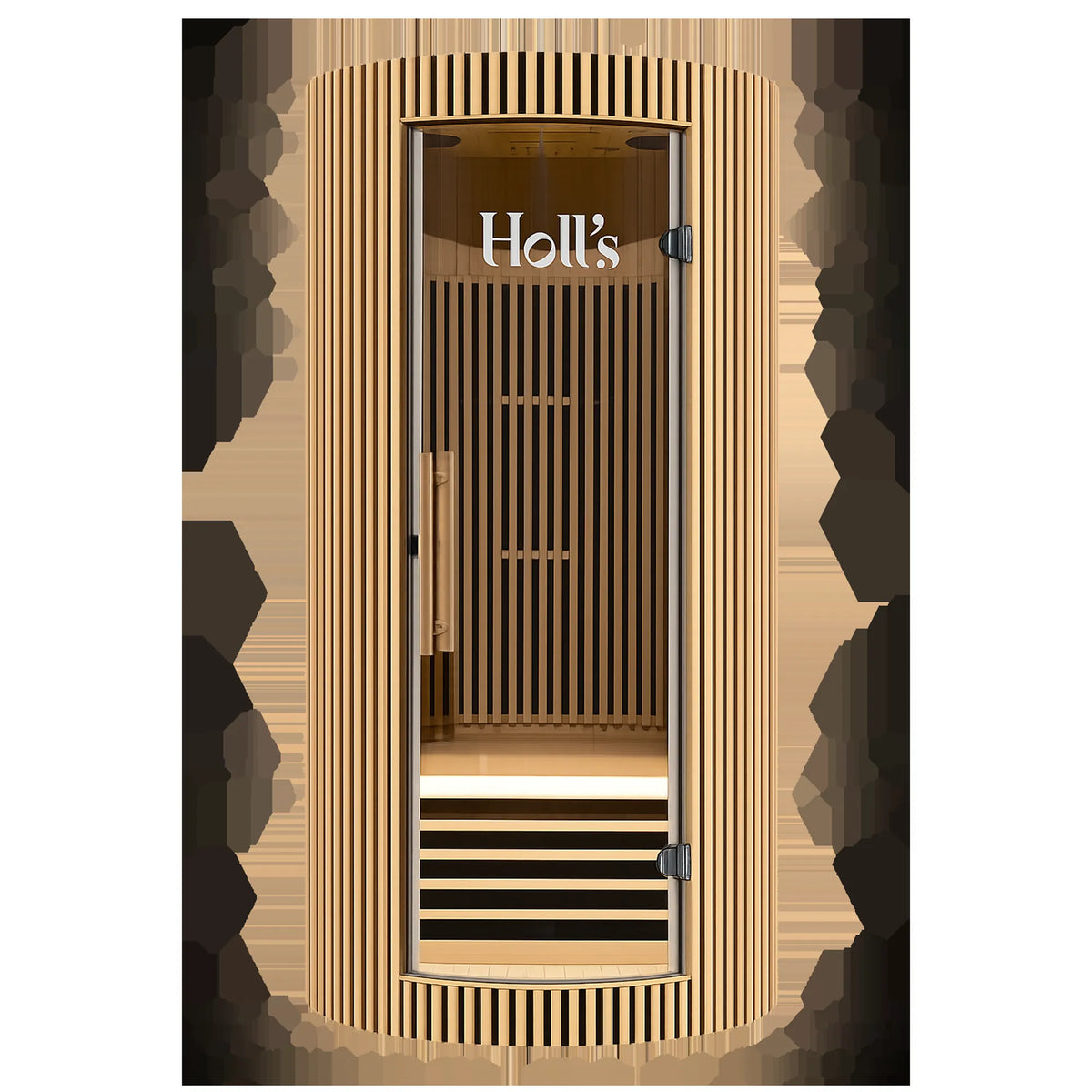 Holl's Moon 1 infrared sauna in natural hemlock, front view with the curved glass door closed