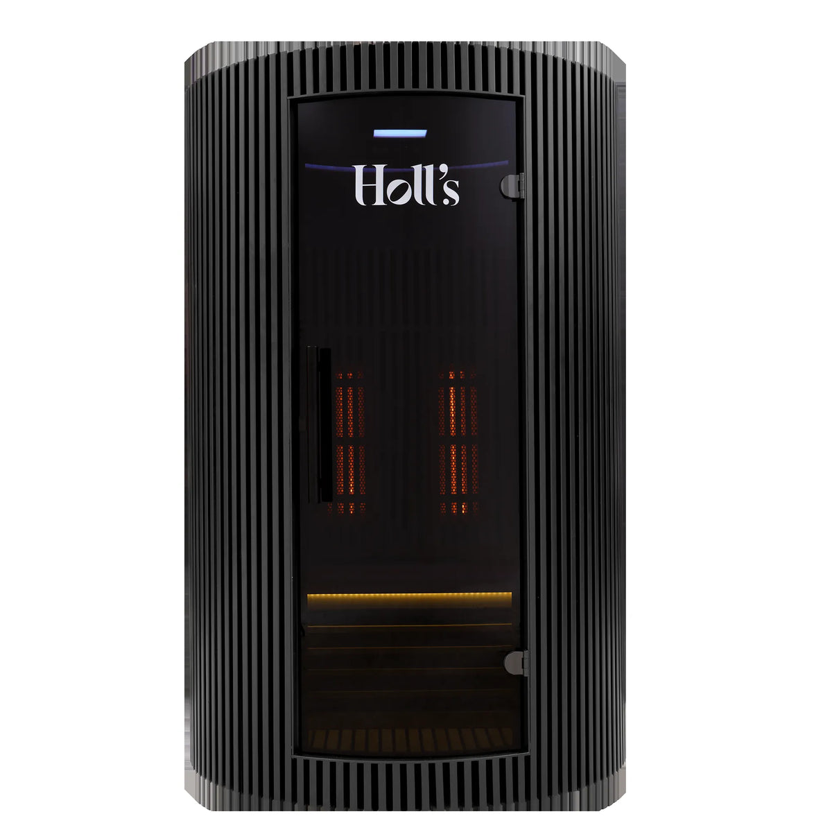 Holl's Moon 2 infrared sauna in the black finish, seen from the front with the curved glass door closed