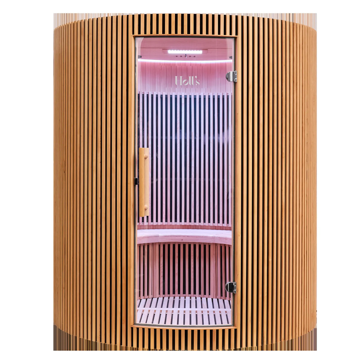 Holl's Moon 4 infrared sauna in natural hemlock, front view with the curved glass door closed