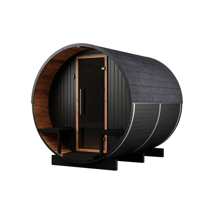 Holl's Onyxia Barrel outdoor sauna, front view with black cladding and glass door
