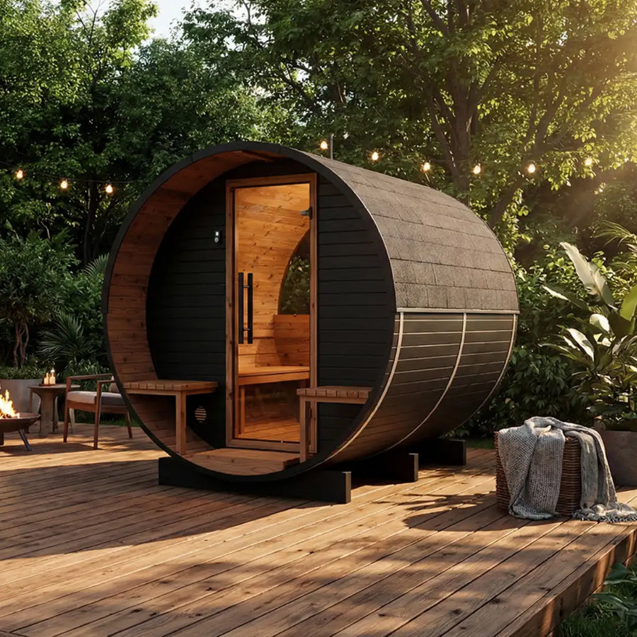 Holl's Onyxia Barrel outdoor sauna on a wooden deck with trees behind