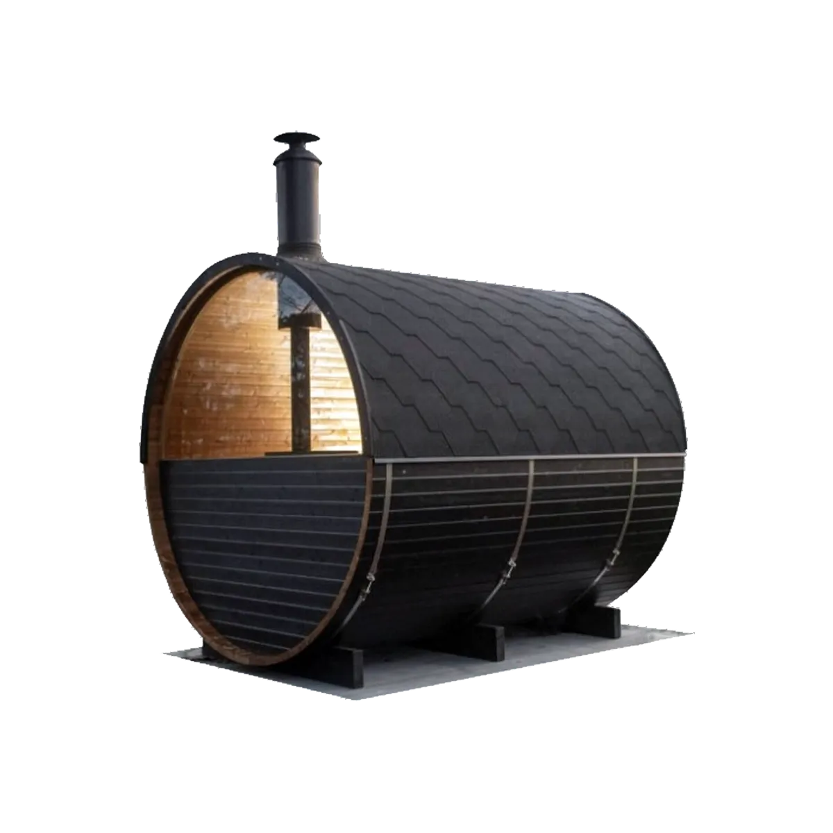 Holl's Onyxia Barrel outdoor sauna, side view showing the barrel form and flue