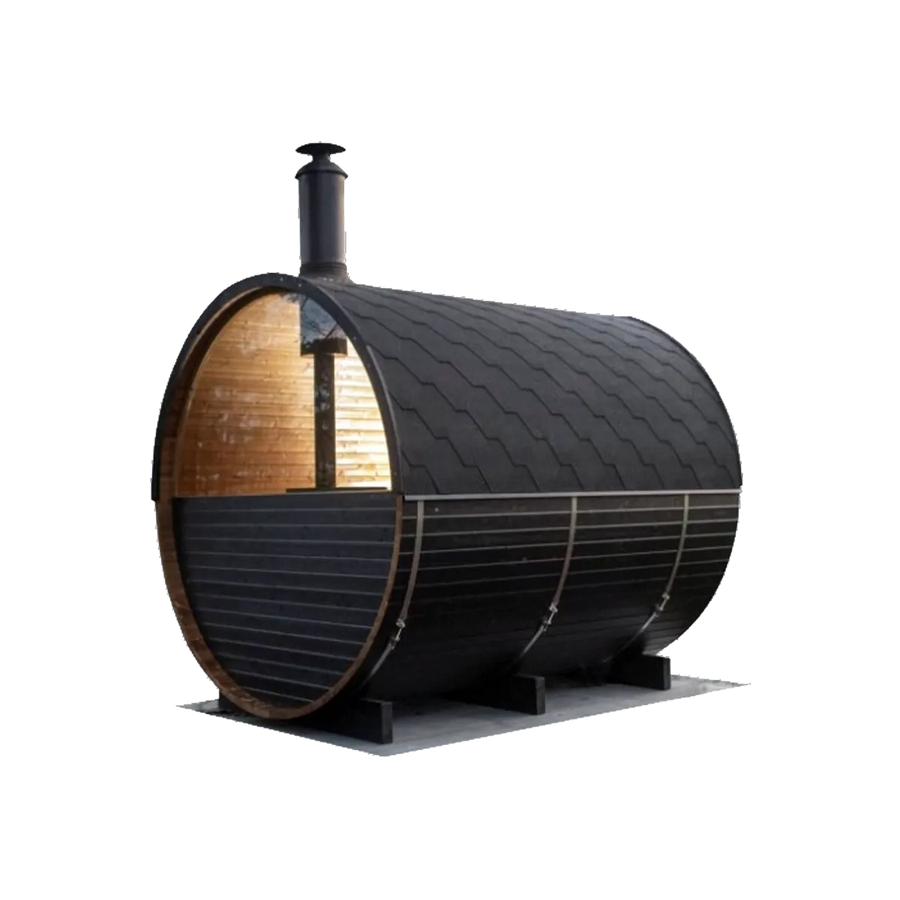 Holl's Onyxia Barrel outdoor sauna, side view showing the barrel form and flue
